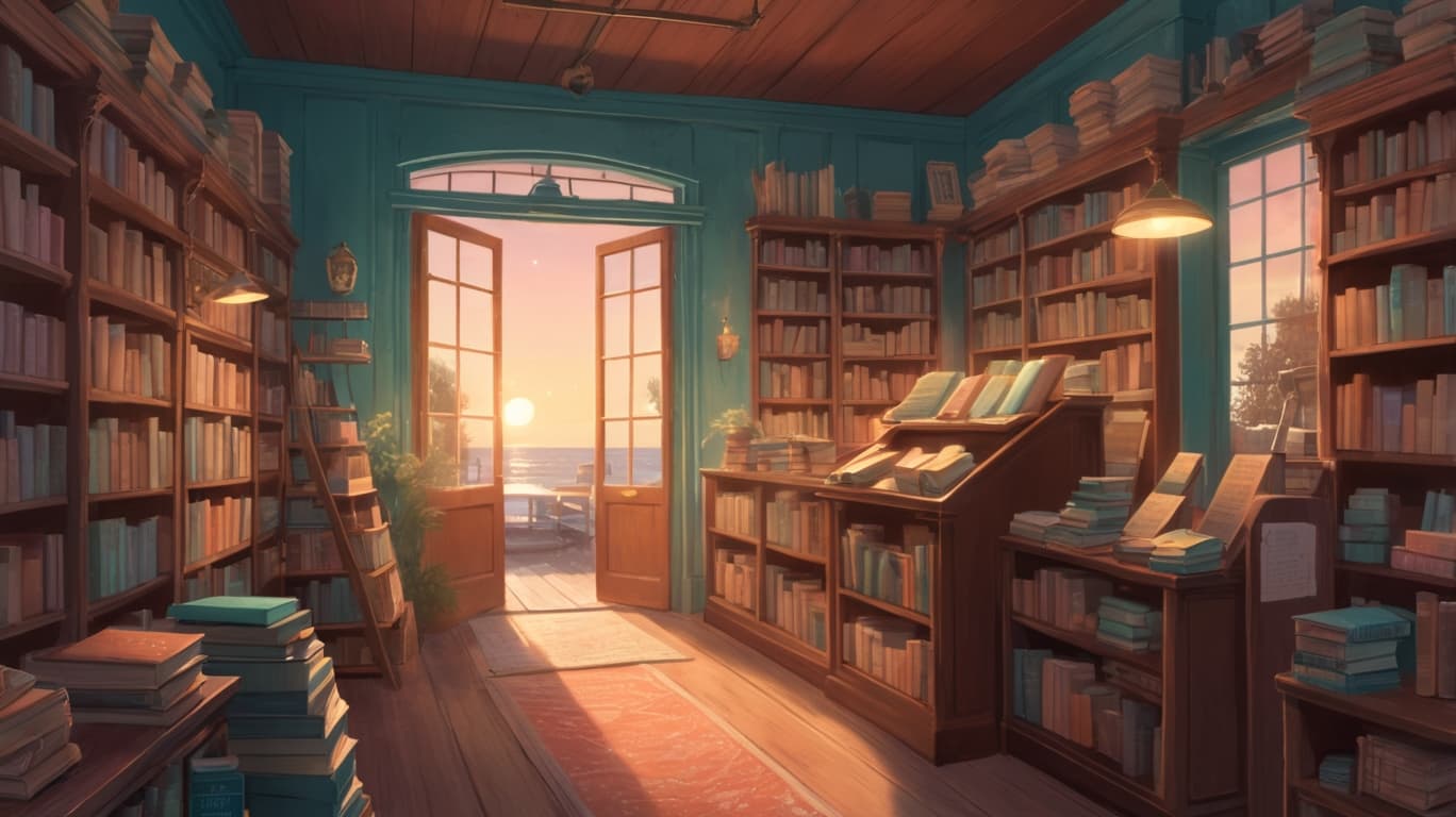 Cozy library reading corner with teal walls and warm lighting